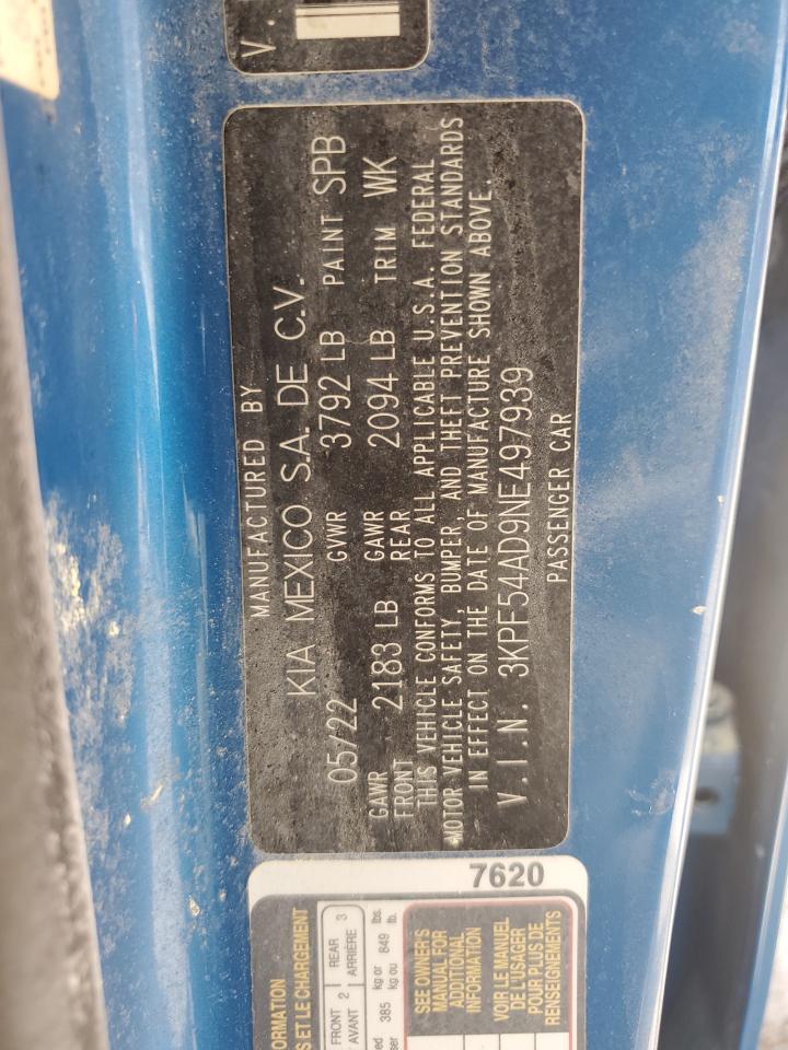 2022 Kia Forte Gt Line VIN: 3KPF54AD9NE497939 Lot: 81505505