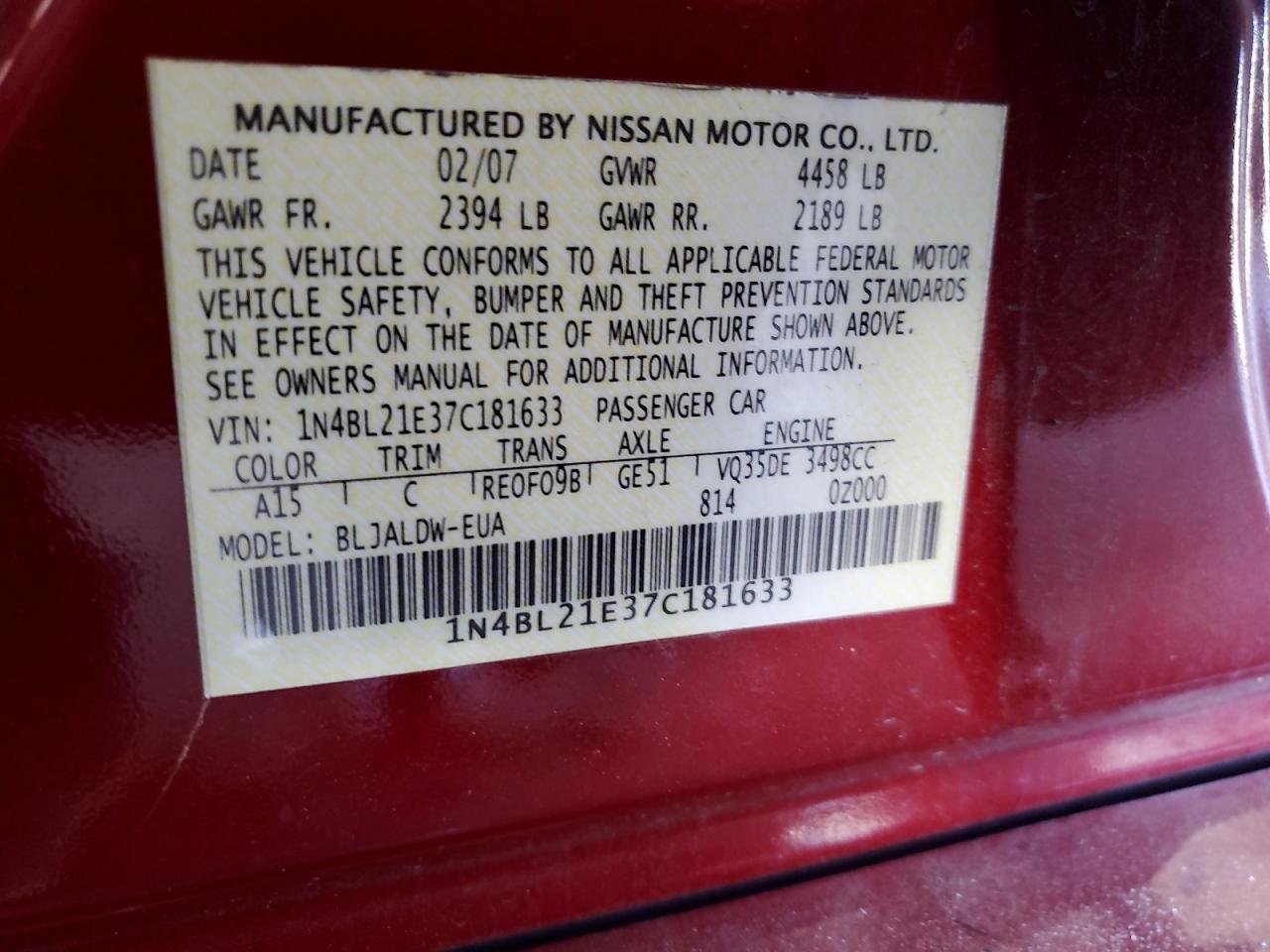 2007 Nissan Altima 3.5Se VIN: 1N4BL21E37C181633 Lot: 81714905