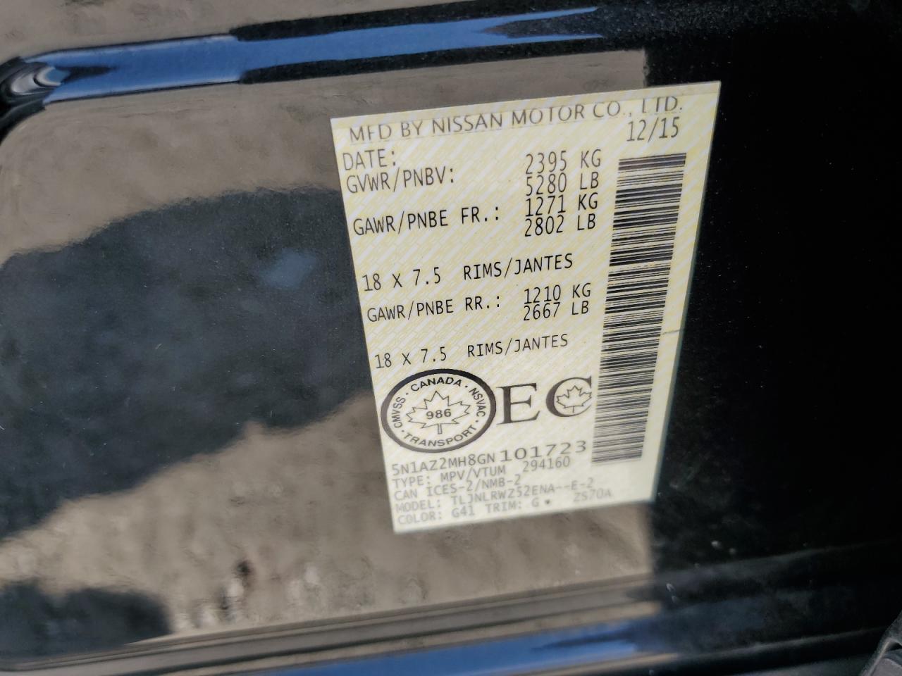 2016 Nissan Murano S VIN: 5N1AZ2MH8GN101723 Lot: 81278835