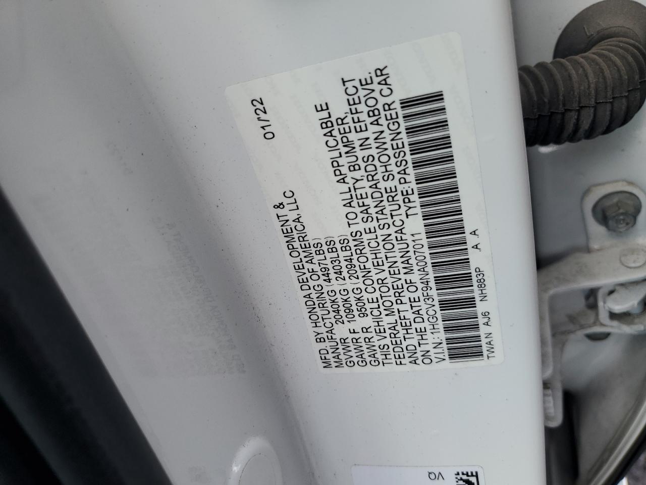 2022 Honda Accord Touring Hybrid VIN: 1HGCV3F94NA007011 Lot: 83989065