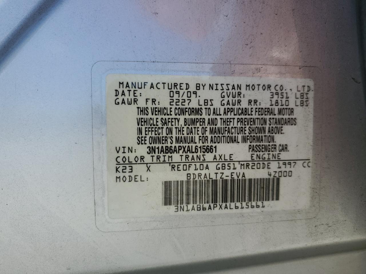 2010 Nissan Sentra 2.0 VIN: 3N1AB6APXAL615661 Lot: 81955595