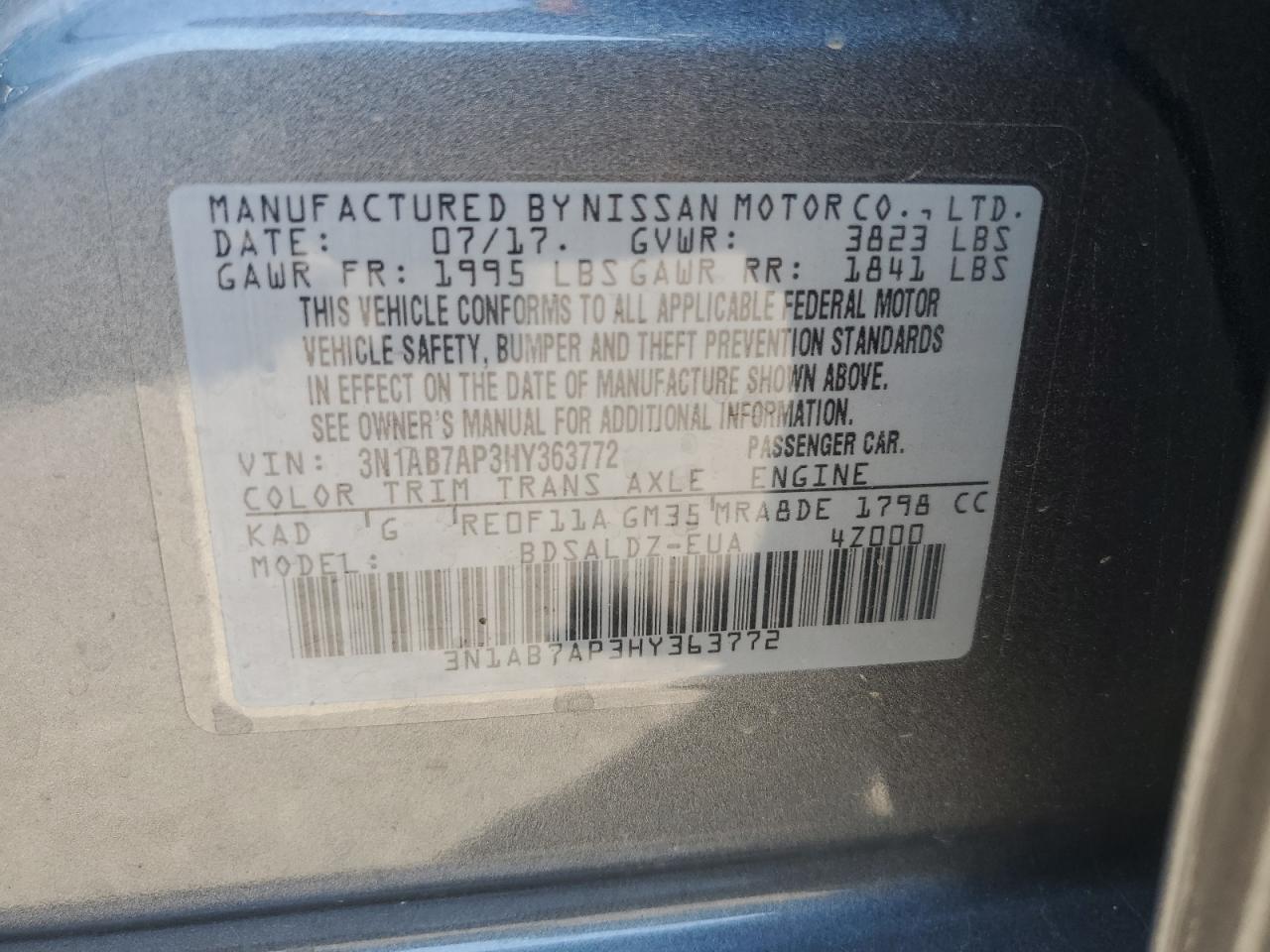 2017 Nissan Sentra S VIN: 3N1AB7AP3HY363772 Lot: 71555905