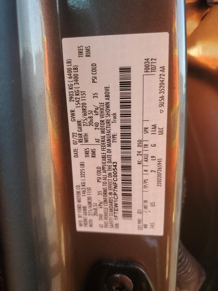 2022 Ford F150 Supercrew VIN: 1FTEW1CP7NFC00543 Lot: 80494565