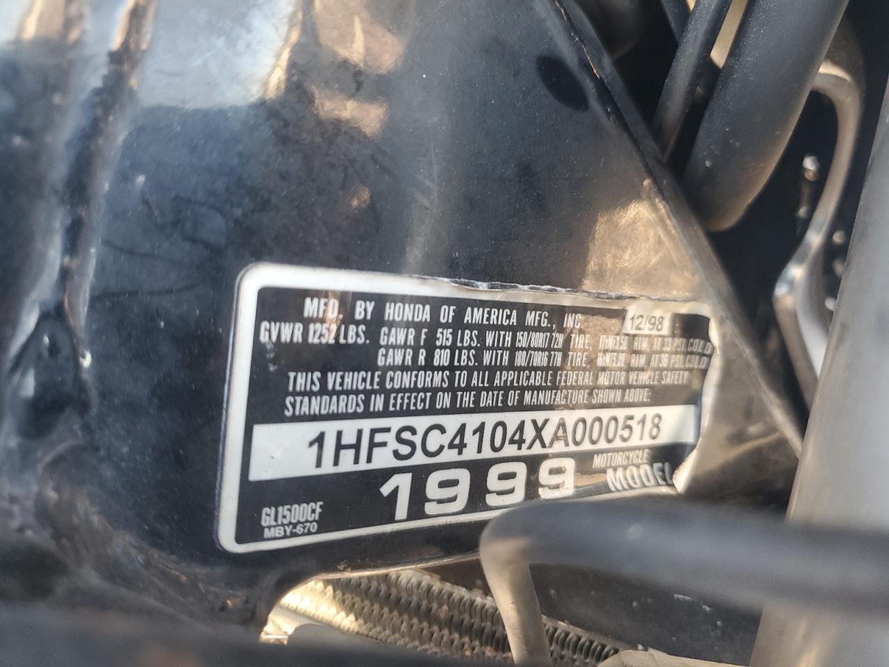 1999 Honda Gl1500 Cf VIN: 1HFSC4104XA000518 Lot: 84016605