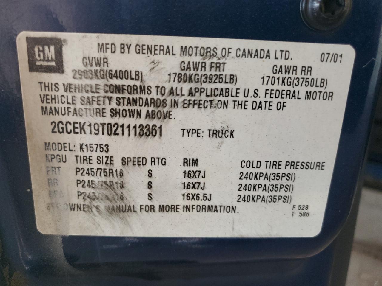 2002 Chevrolet Silverado K1500 VIN: 2GCEK19T021113361 Lot: 80911055