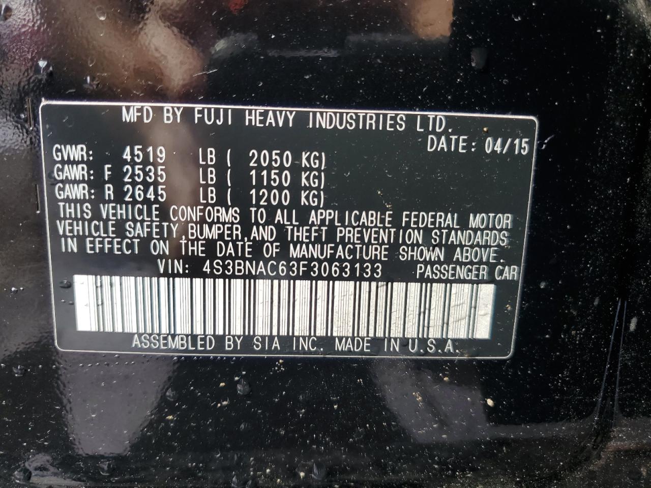 2015 Subaru Legacy 2.5I Premium VIN: 4S3BNAC63F3063133 Lot: 80211415