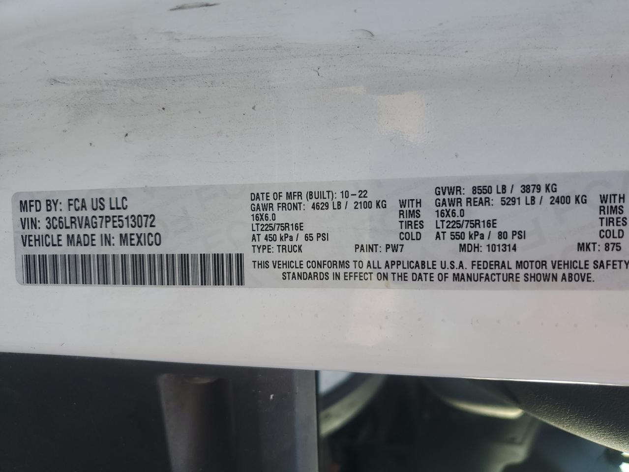 2023 Ram Promaster 1500 1500 Standard VIN: 3C6LRVAG7PE513072 Lot: 82086995
