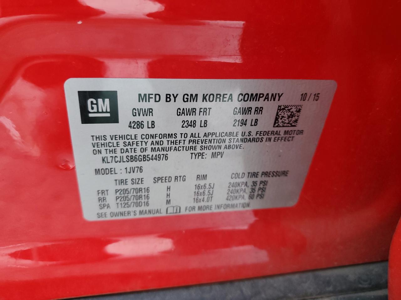 2016 Chevrolet Trax 1Lt VIN: KL7CJLSB6GB544976 Lot: 80621115