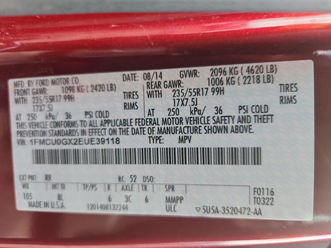 2014 Ford Escape Se VIN: 1FMCU0GX2EUE39118 Lot: 81064115