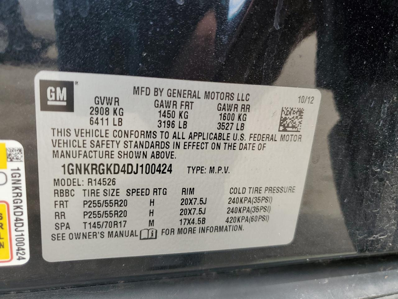 2013 Chevrolet Traverse Lt VIN: 1GNKRGKD4DJ100424 Lot: 70499595