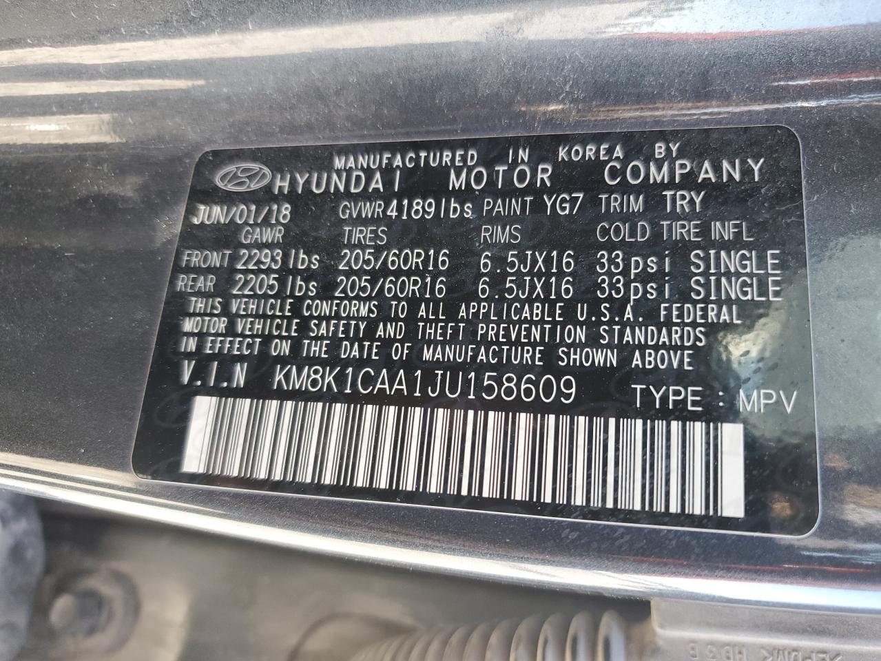 2018 Hyundai Kona Se VIN: KM8K1CAA1JU158609 Lot: 71949805