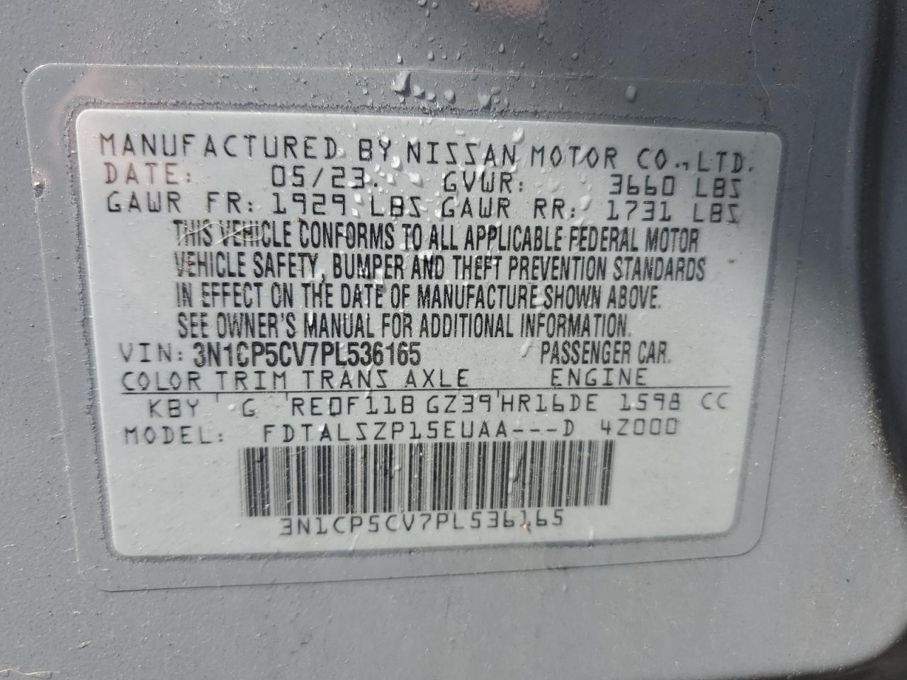 2023 Nissan Kicks Sv VIN: 3N1CP5CV7PL536165 Lot: 80179205