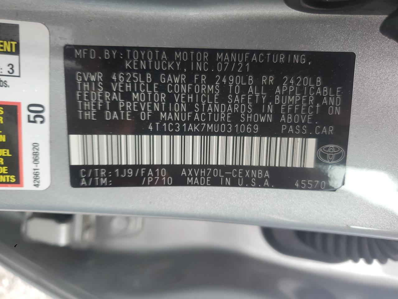 2021 Toyota Camry Le VIN: 4T1C31AK7MU031069 Lot: 81685755