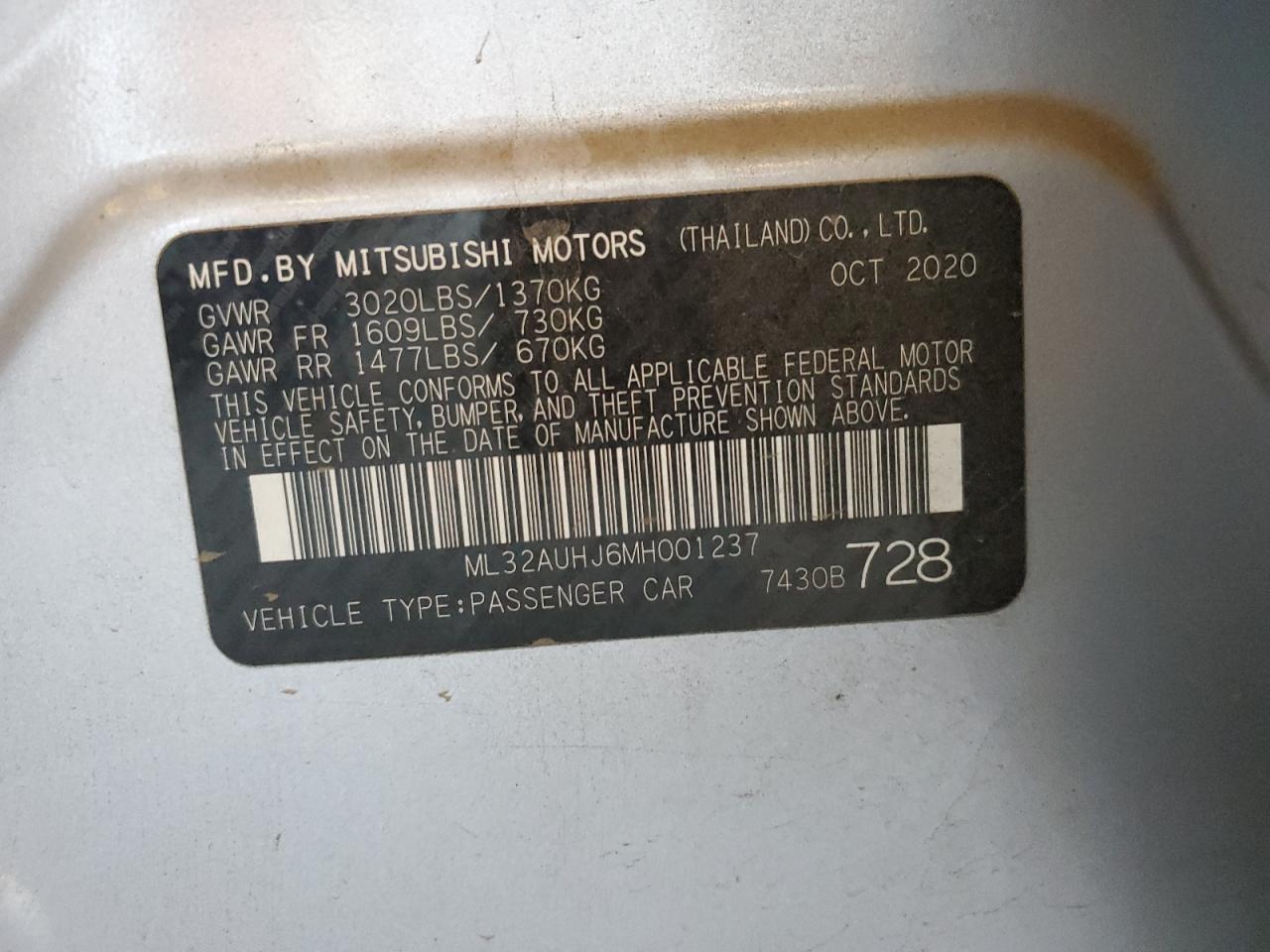 2021 Mitsubishi Mirage Es VIN: ML32AUHJ6MH001237 Lot: 81767365