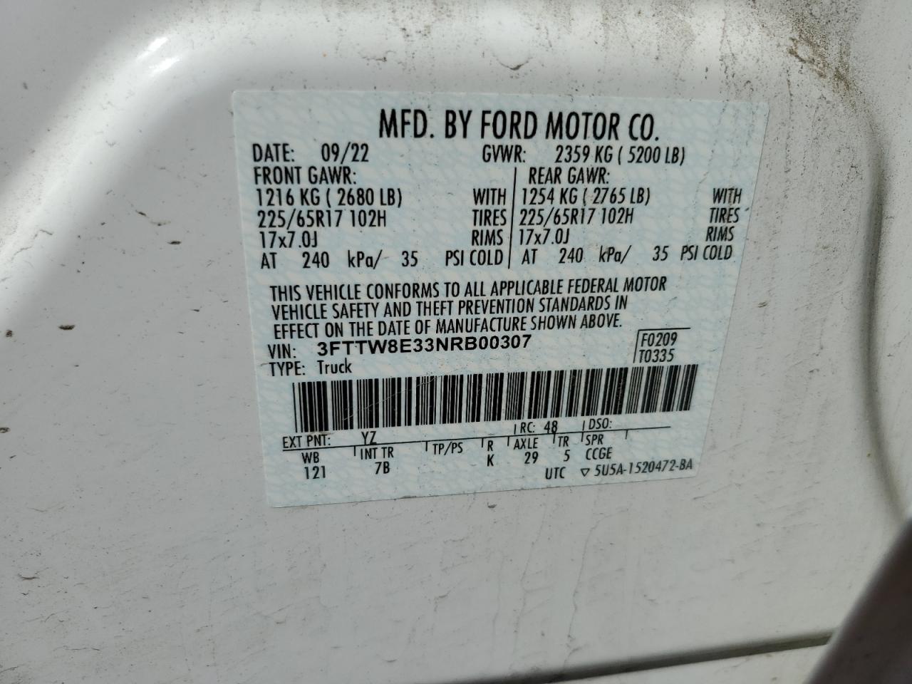 2022 Ford Maverick Xl VIN: 3FTTW8E33NRB00307 Lot: 81898185