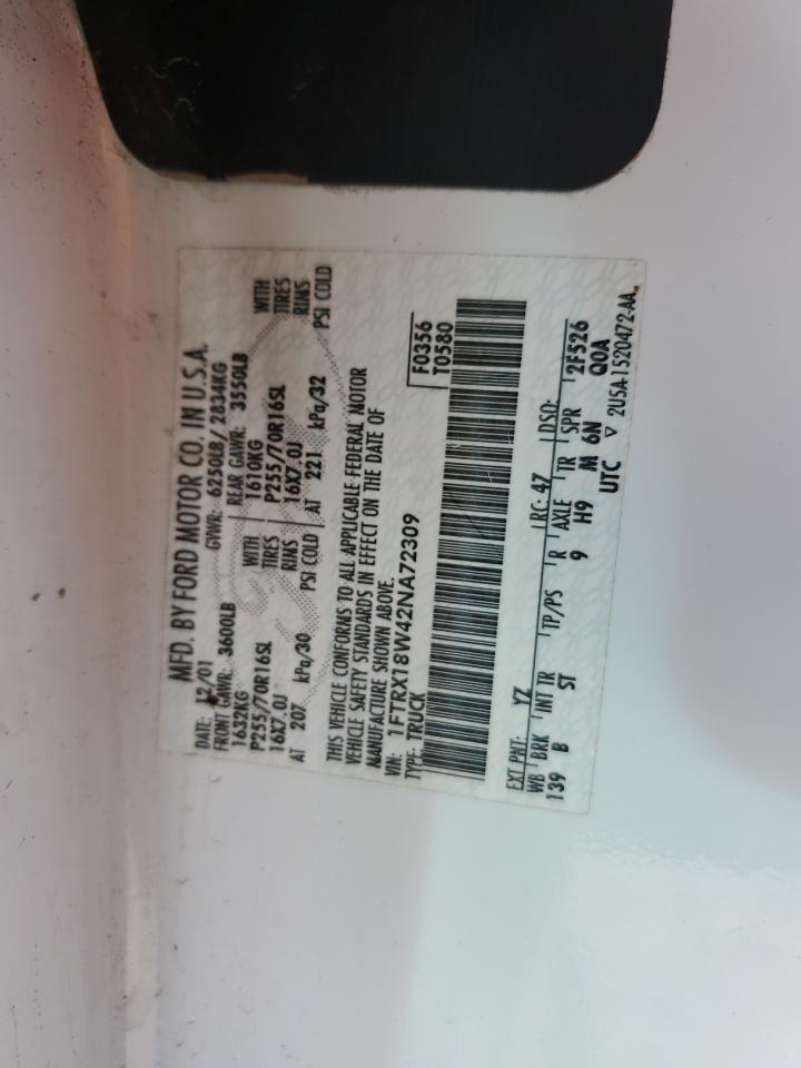 2002 Ford F150 VIN: 1FTRX18W42NA72309 Lot: 83993575