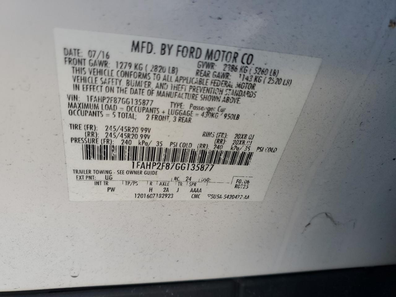 2016 Ford Taurus Limited VIN: 1FAHP2F87GG135877 Lot: 81009885