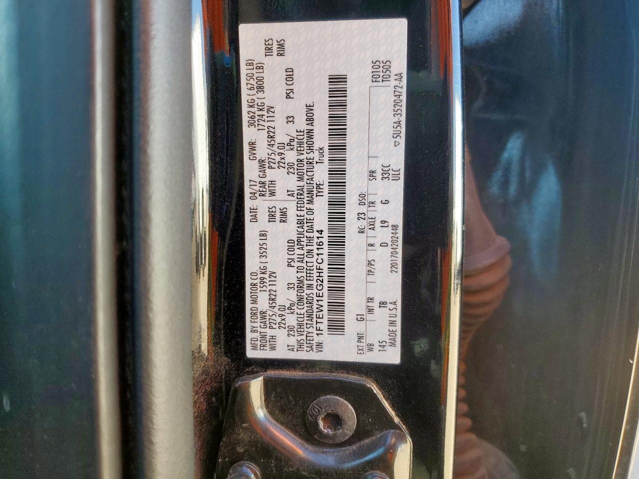 2017 Ford F150 Supercrew VIN: 1FTEW1EG2HFC11614 Lot: 80217525