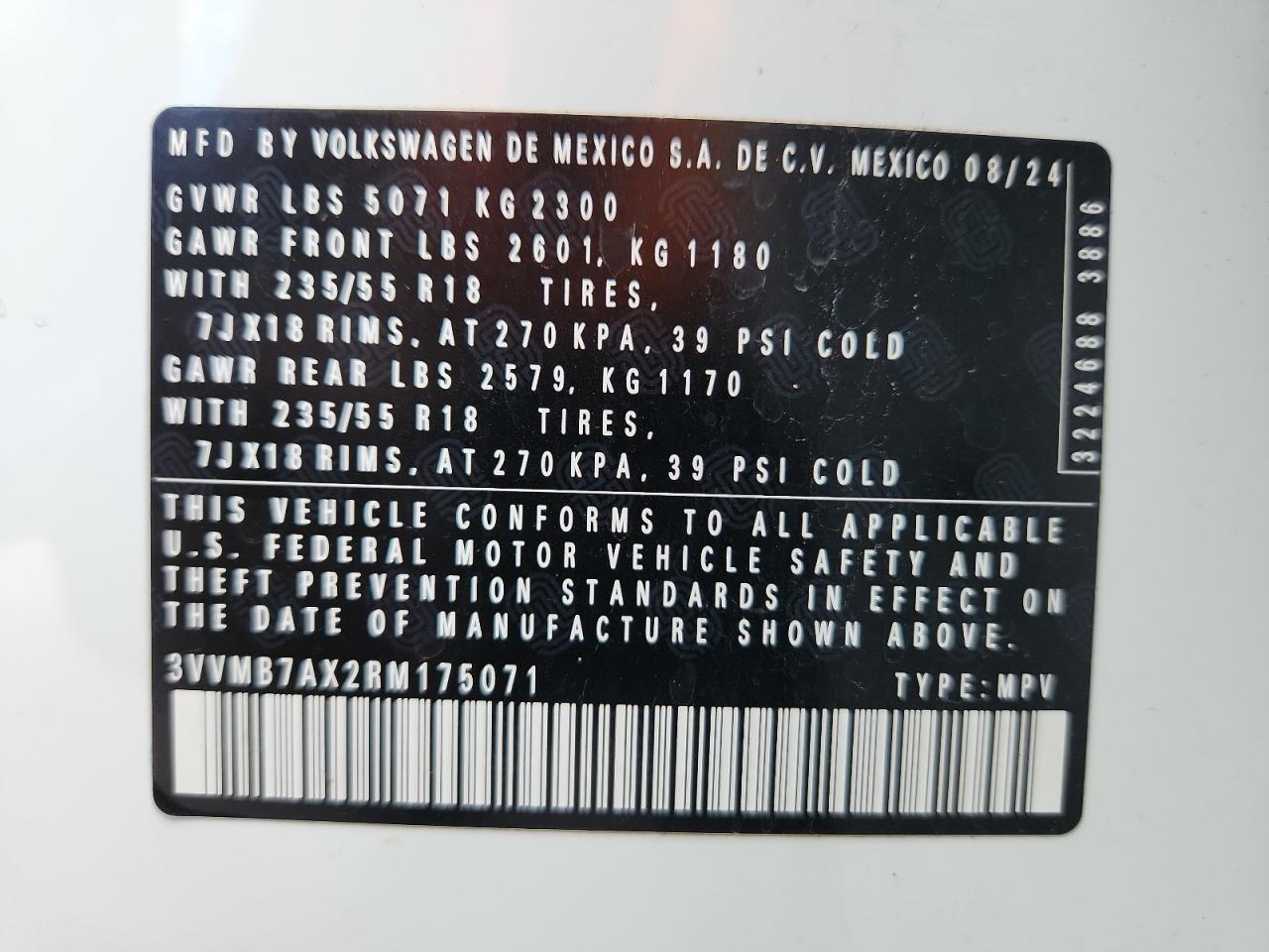2024 Volkswagen Tiguan Se VIN: 3VVMB7AX2RM175071 Lot: 81897515