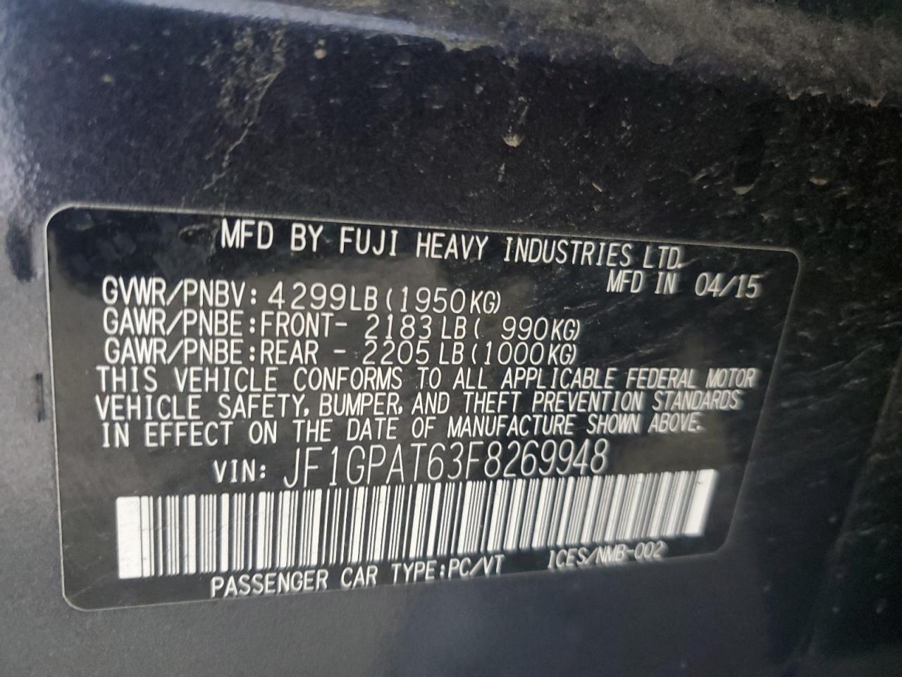 2015 Subaru Impreza Sport VIN: JF1GPAT63F8269948 Lot: 71674485