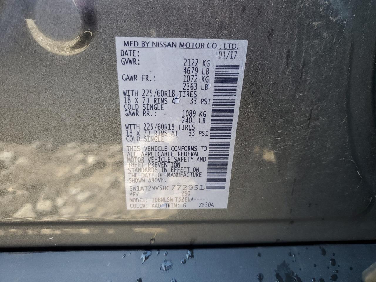 2017 Nissan Rogue Sv VIN: 5N1AT2MV5HC772951 Lot: 80161265