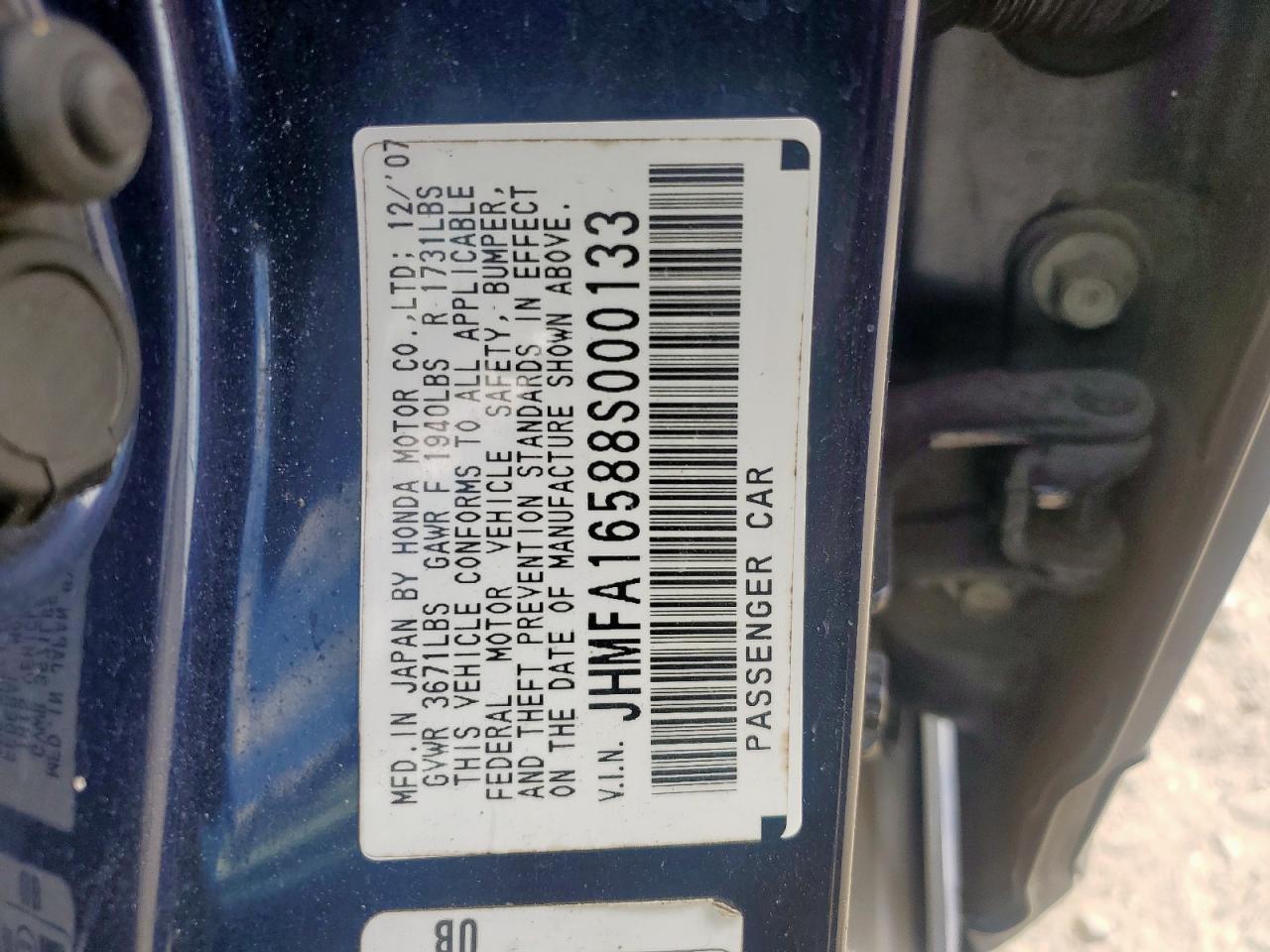 2008 Honda Civic Lx VIN: JHMFA16588S000133 Lot: 82122645