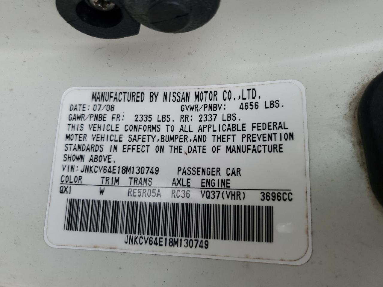 2008 Infiniti G37 Base VIN: JNKCV64E18M130749 Lot: 81529135