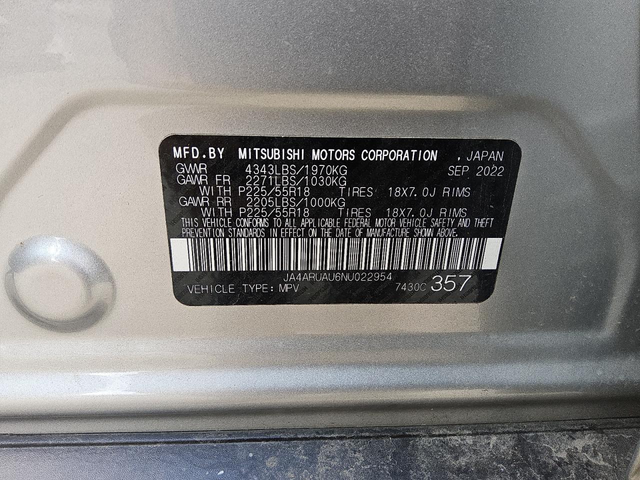 2022 Mitsubishi Outlander Sport Es VIN: JA4ARUAU6NU022954 Lot: 83929815