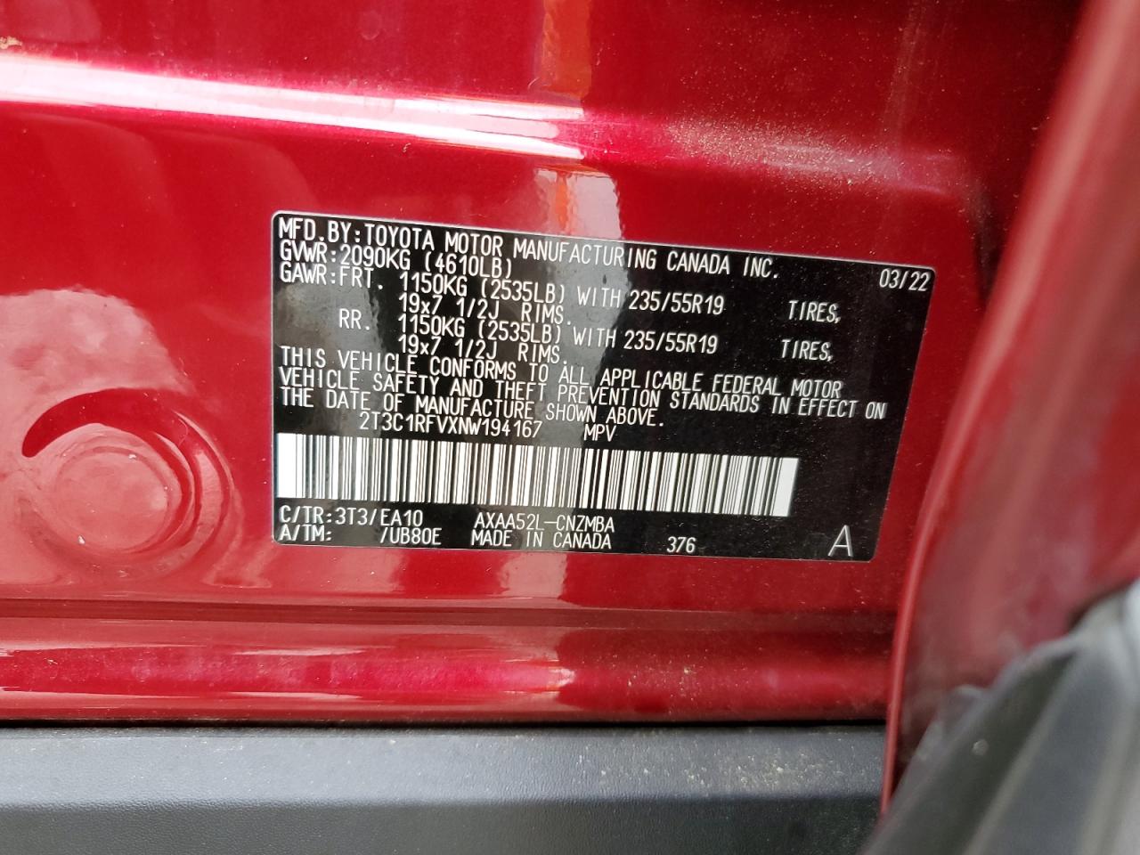 2022 Toyota Rav4 Xle Premium VIN: 2T3C1RFVXNW194167 Lot: 81053025