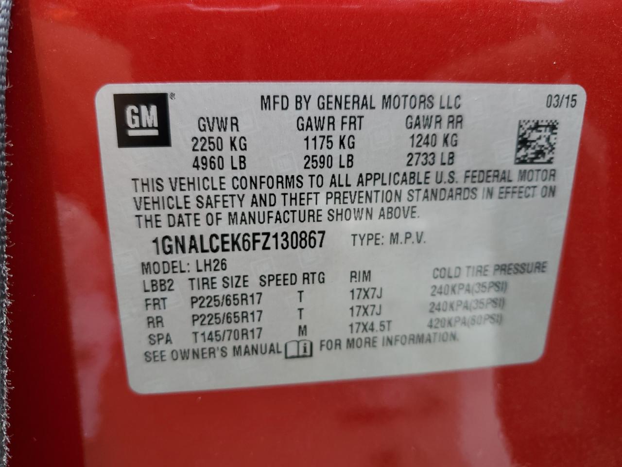 2015 Chevrolet Equinox Lt VIN: 1GNALCEK6FZ130867 Lot: 81416635