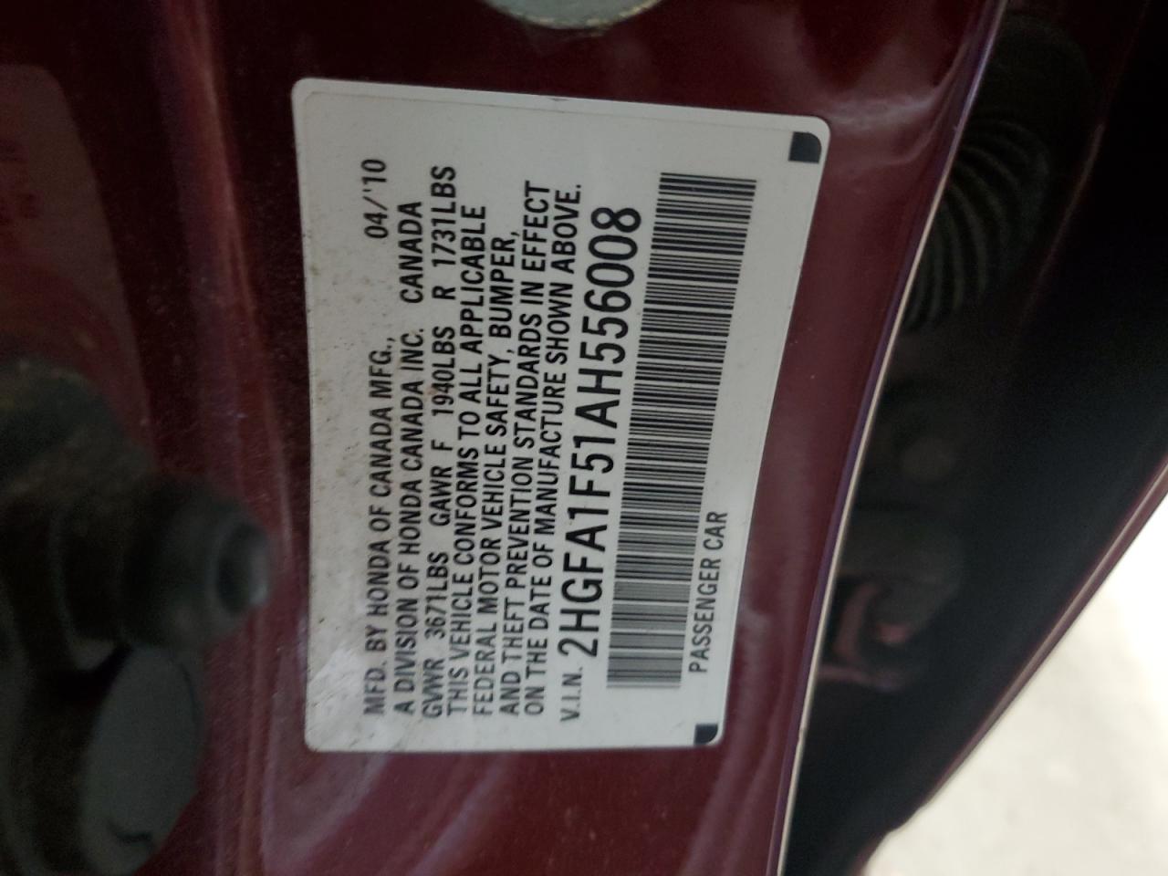 2010 Honda Civic Lx VIN: 2HGFA1F51AH556008 Lot: 80463975