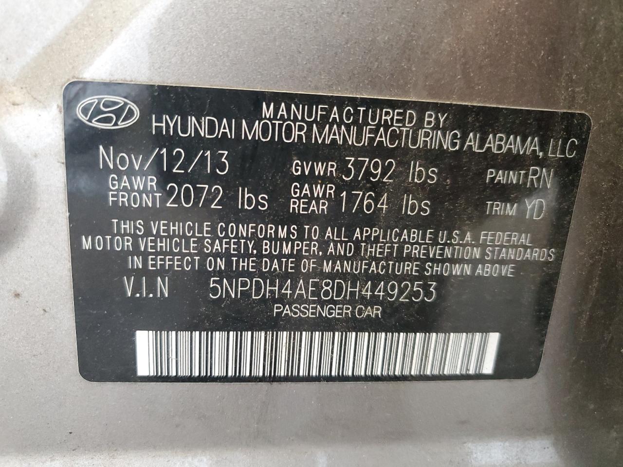 2013 Hyundai Elantra Gls VIN: 5NPDH4AE8DH449253 Lot: 71715715