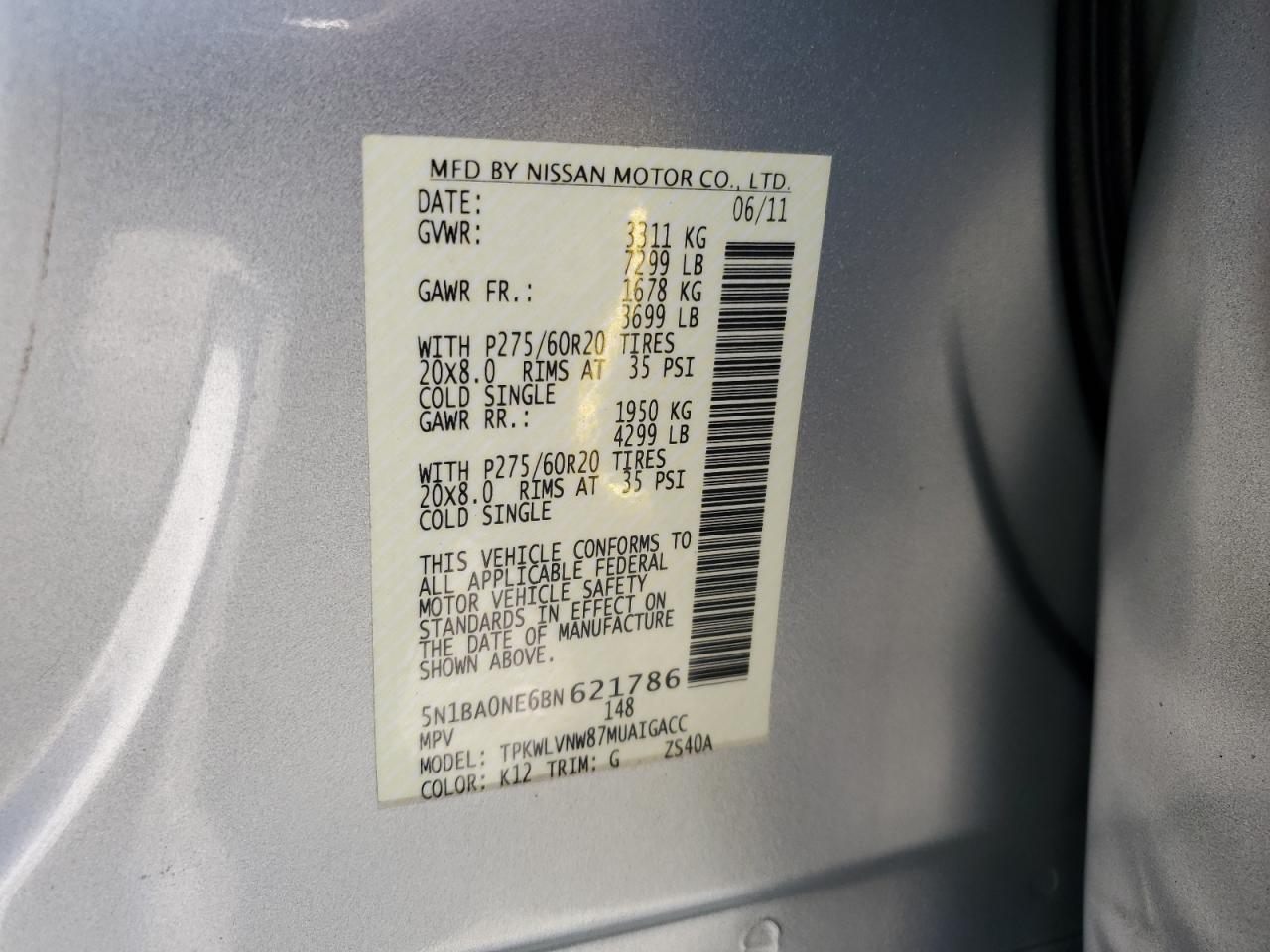 2011 Nissan Armada Platinum VIN: 5N1BA0NE6BN621786 Lot: 81843795