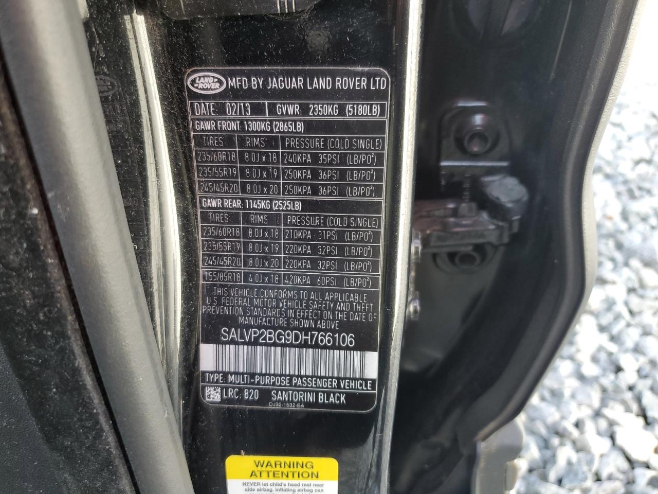 2013 Land Rover Range Rover Evoque Pure Plus VIN: SALVP2BG9DH766106 Lot: 84701745