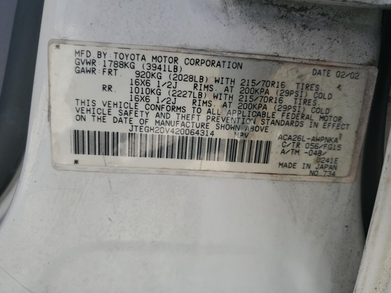 2002 Toyota Rav4 VIN: JTEGH20V420064314 Lot: 81069495
