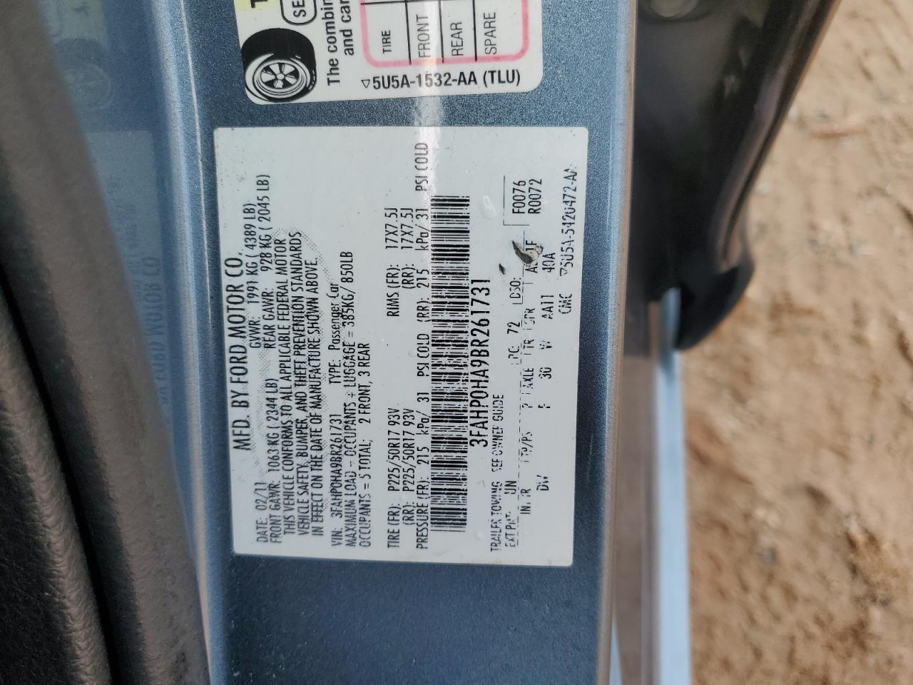 2011 Ford Fusion Se VIN: 3FAHP0HA9BR261731 Lot: 81723025