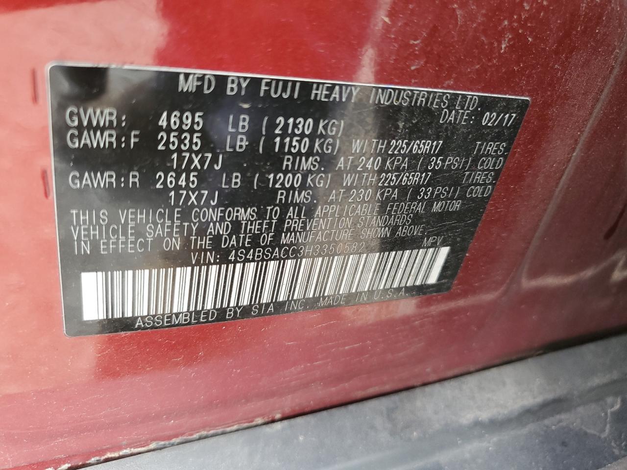 2017 Subaru Outback 2.5I Premium VIN: 4S4BSACC3H3350582 Lot: 81941225