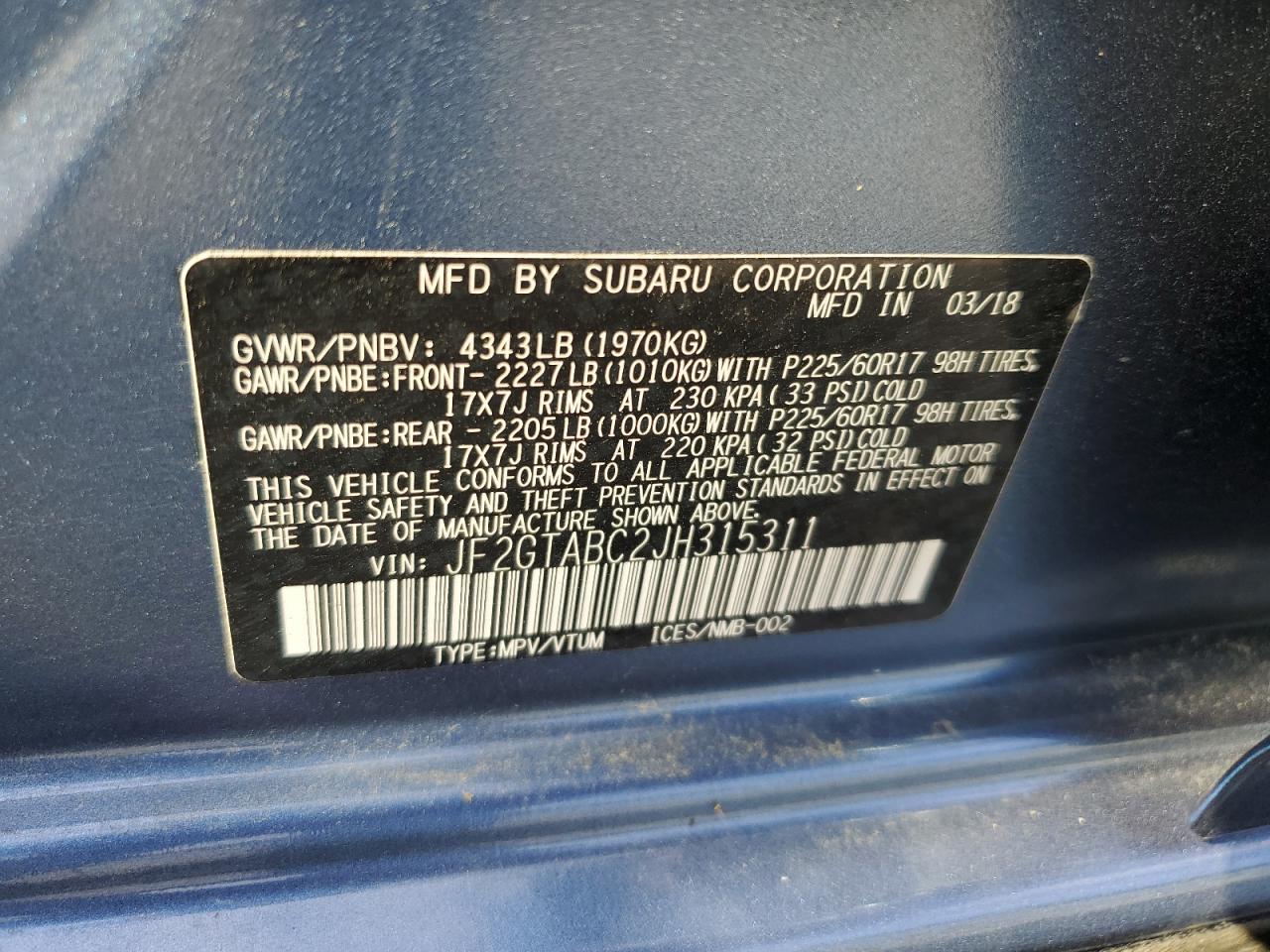 2018 Subaru Crosstrek Premium VIN: JF2GTABC2JH315311 Lot: 71203315