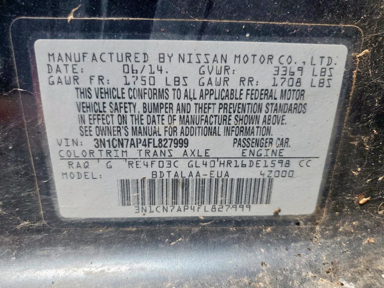 2015 Nissan Versa S VIN: 3N1CN7AP4FL827999 Lot: 81118895