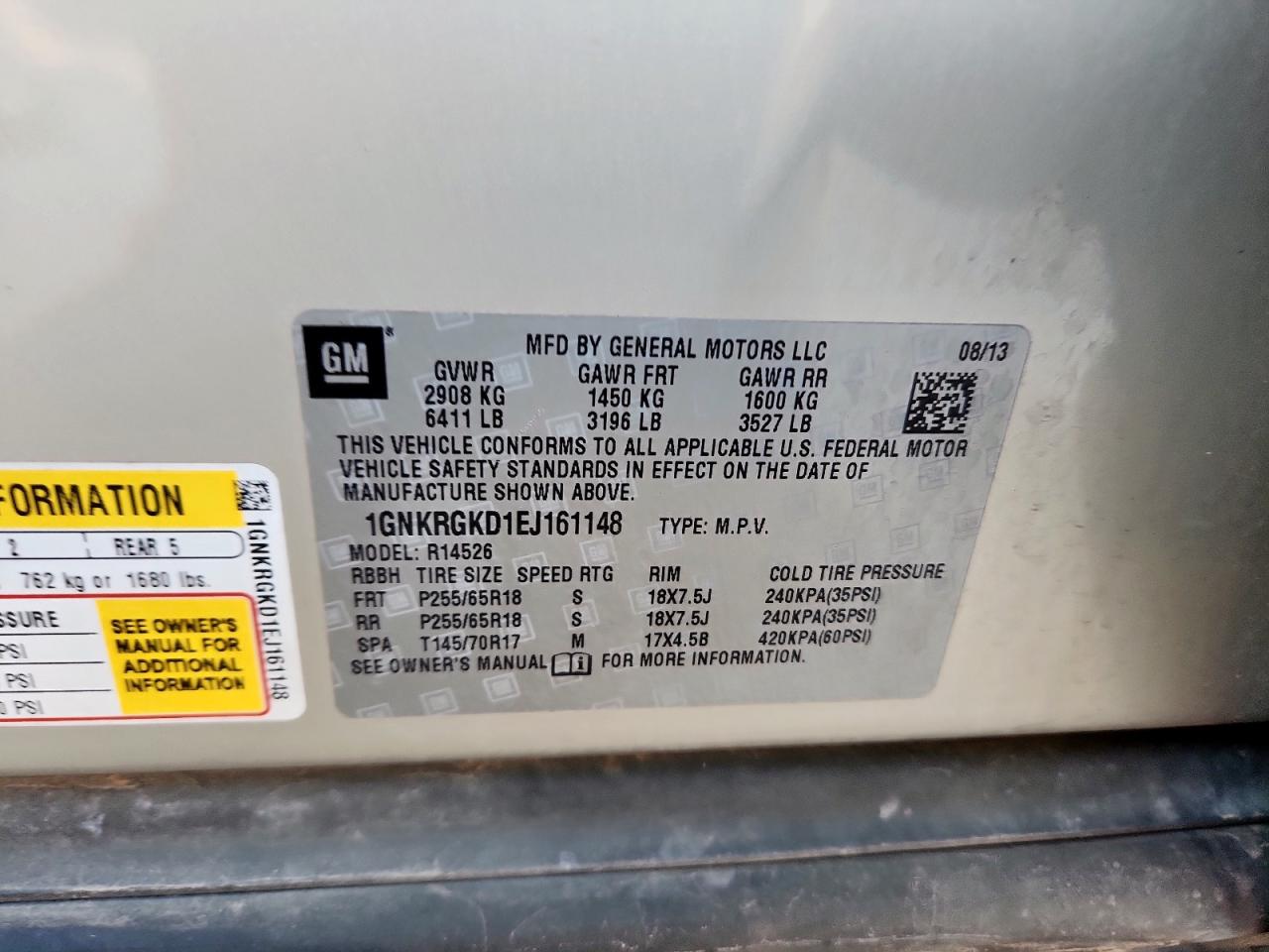 2014 Chevrolet Traverse Lt VIN: 1GNKRGKD1EJ161148 Lot: 80691615