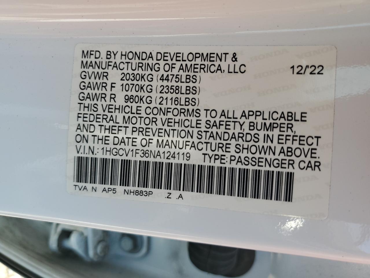 2022 Honda Accord Sport VIN: 1HGCV1F36NA124119 Lot: 81298945