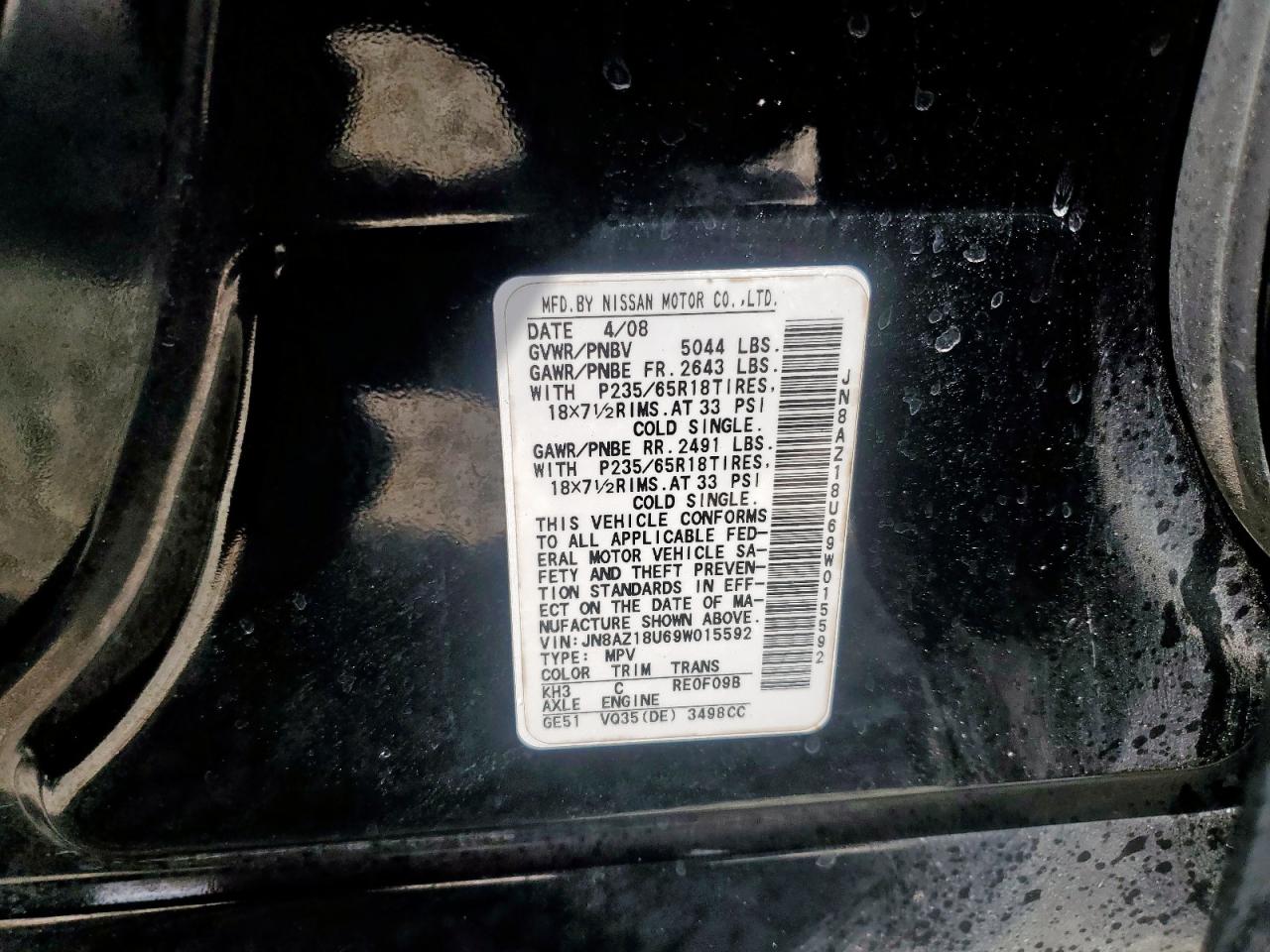 2009 Nissan Murano S VIN: JN8AZ18U69W015592 Lot: 82126565