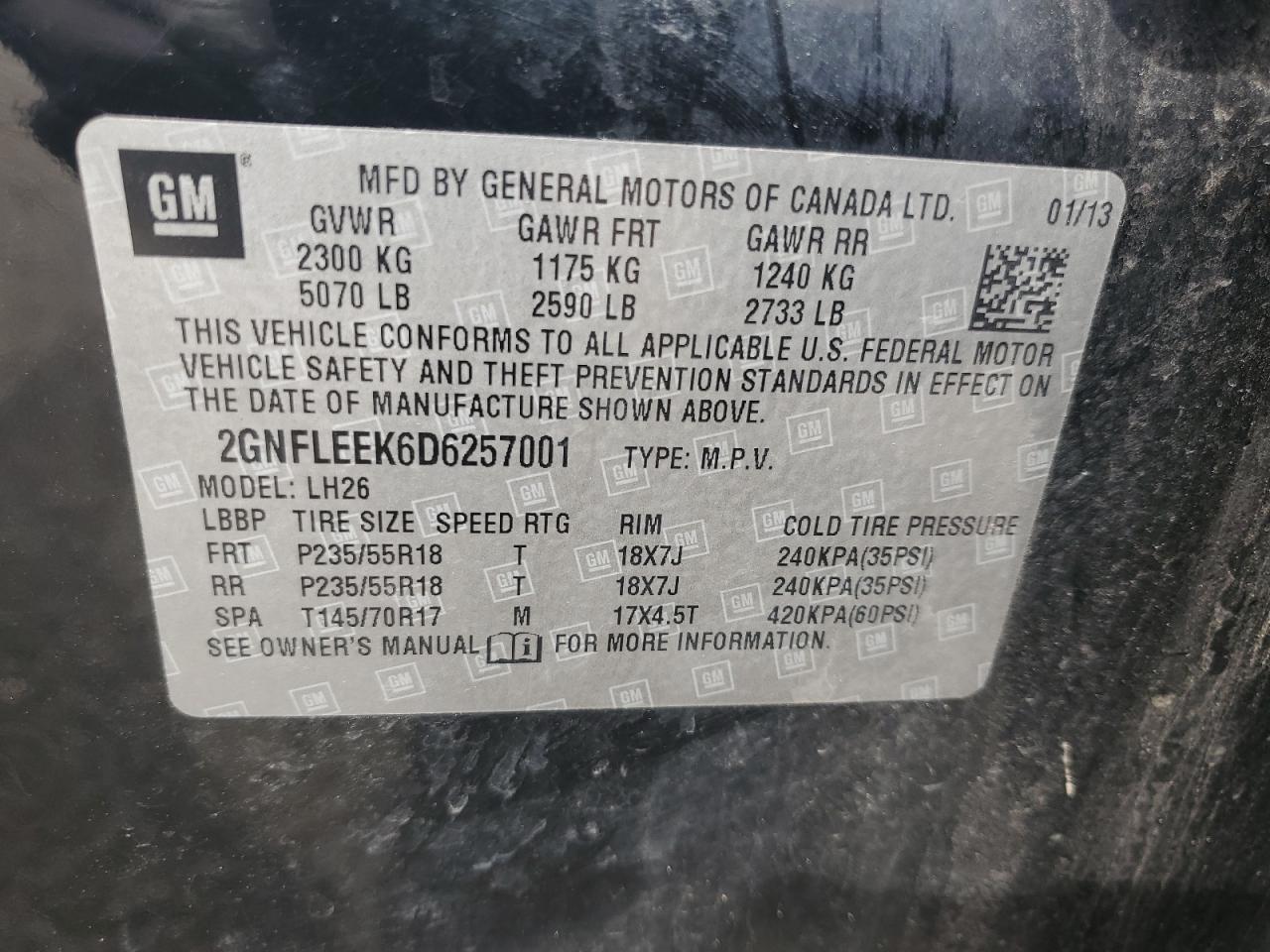 2013 Chevrolet Equinox Lt VIN: 2GNFLEEK6D6257001 Lot: 83764635