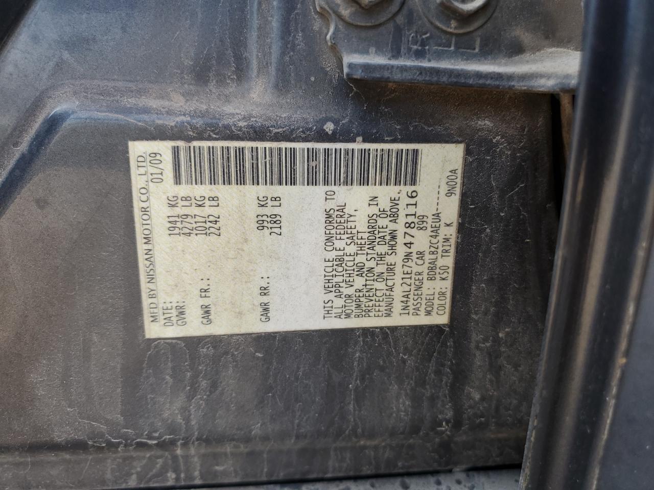 2009 Nissan Altima 2.5 VIN: 1N4AL21E79N478116 Lot: 80331575