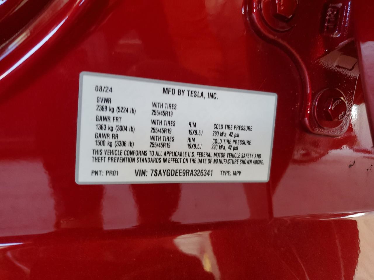 2024 Tesla Model Y VIN: 7SAYGDEE9RA326341 Lot: 84006755