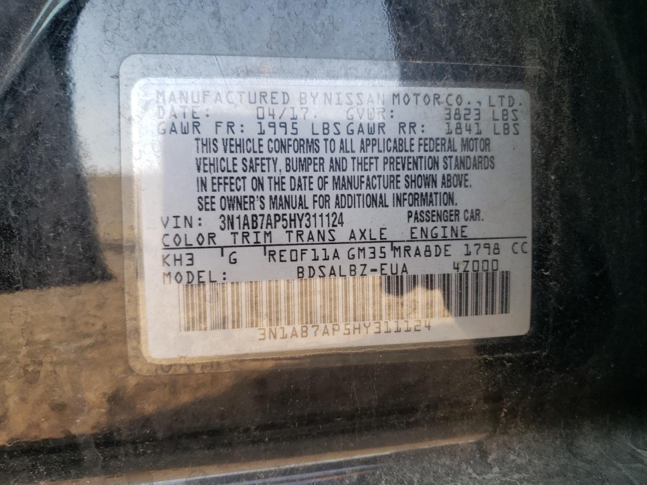 2017 Nissan Sentra S VIN: 3N1AB7AP5HY311124 Lot: 80089485