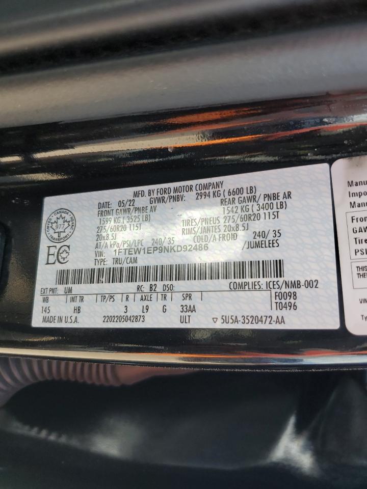 2022 Ford F150 Supercrew VIN: 1FTEW1EP9NKD92486 Lot: 70831475