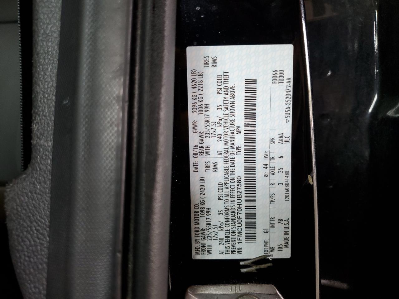 2017 Ford Escape S VIN: 1FMCU0F70HUB27580 Lot: 83861715