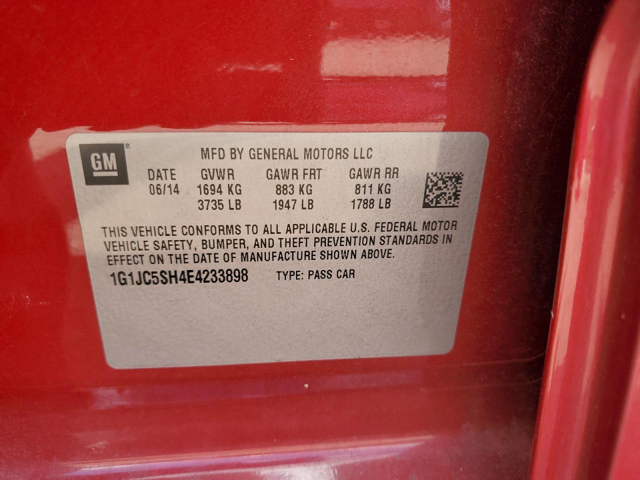 2014 Chevrolet Sonic Lt VIN: 1G1JC5SH4E4233898 Lot: 71823155