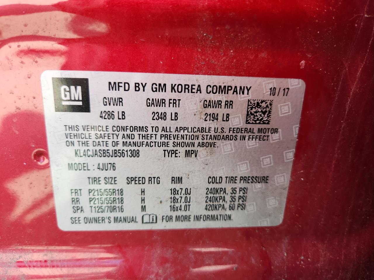 2018 Buick Encore Preferred VIN: KL4CJASB5JB561308 Lot: 70910155